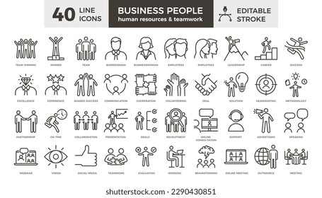 40 vector thin line icons related with business people, human resources and teamwork