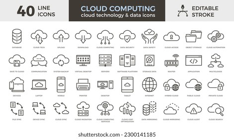 40 vector thin line icons related with cloud computing, technology, infrastructure and data. Editable stroke