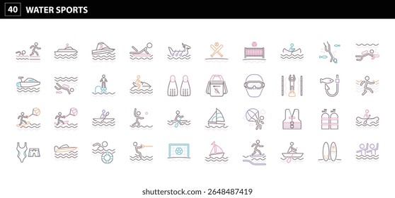 40 Ícones de esportes aquáticos: Visuais essenciais para atividades aquáticas, diversão de verão e aventuras ao ar livre