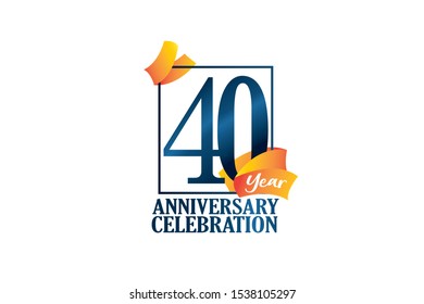40 Year Anniversary Blue Color with Block Frame and Orange-Yellow Ribbon, Classic Style - Vector