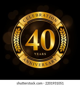 40 Year Anniversary celebration template design, with shiny ring and gold ribbon, laurel wreath isolated on black background, logo vector