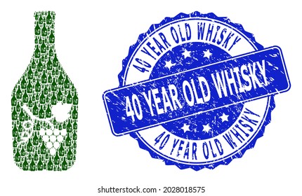 40 Year Old Whisky unclean round stamp seal and vector recursive composition wine bottle. Blue stamp includes 40 Year Old Whisky title inside round shape.