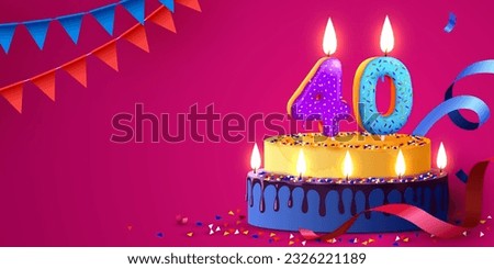 40 years anniversary. Cake with burning candles and confetti. Birthday banner. Vector illustration
