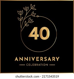 40 years anniversary celebration with golden floral frame isolated on black background. Creative design for happy birthday, wedding, ceremony, event party, marriage, and greeting card.