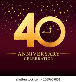 40 years anniversary. celebration logotype 40th years.Logo with golden and on dark pink background, vector design for invitation card, greeting card. 
