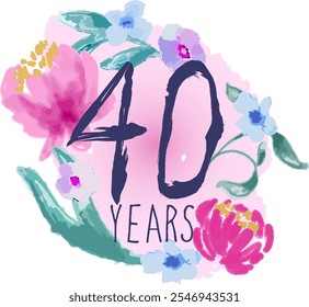 40 anos comemoração de aniversário com aquarela Design Floral em fundo branco. Design criativo para jubileu, aniversário feliz, casamento, cerimônia, festa de evento, casamento e cartão de saudação.