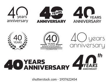 40 years anniversary icon or logo set. 40th birthday celebration badge or label for invitation card, jubilee design. Vector illustration.