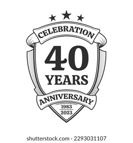 40 years anniversary icon or logo. 40th yubilee celebration, business company birthday badge or label. Vintage banner with shield and ribbon. Wedding, invitation design element. Vector illustration.