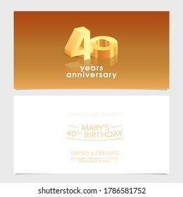 40 years anniversary invitation card vector illustration. Design template element with elegant 3D number for 40th birthday party invite