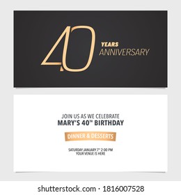 40 years anniversary invitation card vector illustration. Design template element with elegant number for 40th birthday party invite