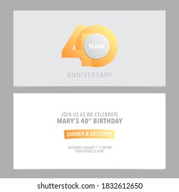 40 years anniversary invitation card vector illustration. Design template element with elegant composition with number for 40th birthday party invite