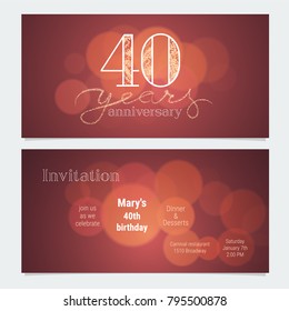 40 Years Anniversary Invitation To Celebration Vector Illustration. Graphic Design Element With Bokeh Effect For 40th Birthday Card, Party Invite