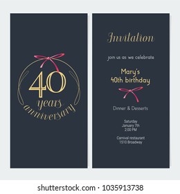 40 years anniversary invitation vector illustration. Graphic design template with golden number for 40th anniversary party or dinner invite 