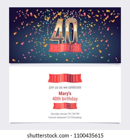 40 years anniversary invitation vector illustration. Graphic design template with golden number for 40th anniversary party or dinner invite 