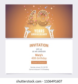 40 years anniversary invitation vector illustration. Graphic design element with golden number and confetti for 40th birthday card, party invite 