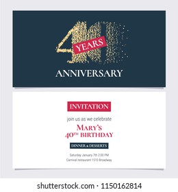 40 years anniversary invitation vector illustration. Design template with golden number for 40th anniversary party or dinner invite with body copy 