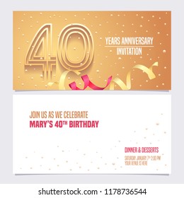 40 Years Anniversary Invitation Vector Illustration. Design Element With Golden Abstract Background For 40th Birthday Card, Party Invite 