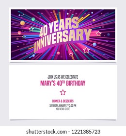 40 years anniversary invitation vector illustration. Graphic design element with bright fireworks for 40th birthday card, party invite 