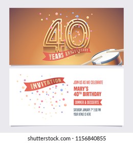 40 years anniversary invite vector illustration. Design element for 40th birthday card, party invitation with festive background 