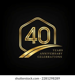 40 years anniversary. Lined gold hexagon and curving anniversary template.