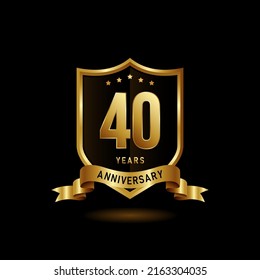 40 years anniversary logo with golden shield and ribbon for booklet, leaflet, magazine, brochure poster, banner, web, invitation or greeting card. Vector illustrations.