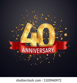 40 years anniversary logo template on dark background. Forty celebrating golden numbers with red ribbon vector and confetti isolated design elements