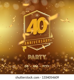 40 years anniversary logo template on gold background. 40th celebrating golden numbers with red ribbon vector and confetti isolated design elements