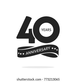40 years anniversary logo template isolated on white, black and white stamp 40th anniversary icon label with ribbon, forty year birthday seal symbol