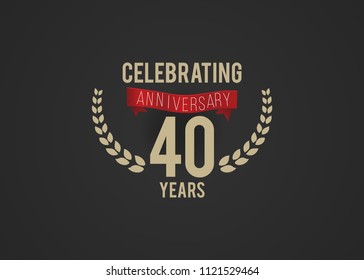 40 Years Anniversary logotype with golden colored font numbers, with ribbon and laurel, isolated on black background for company celebration event, birthday