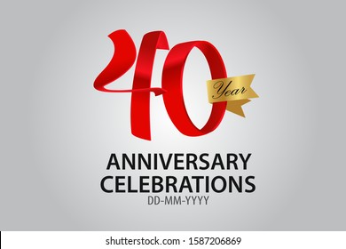 40 Years Anniversary Red Color Ribbon style with Golden Ribbon Color on Grey Background, For Invitation, banner, ads, greeting card - Vector