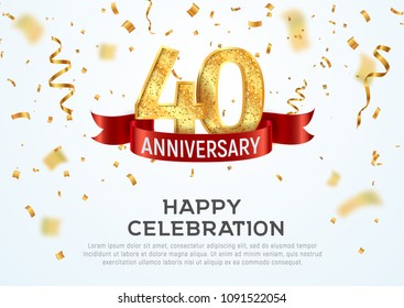 40 years anniversary vector banner template. Fortieth year jubilee with red ribbon and confetti on white background