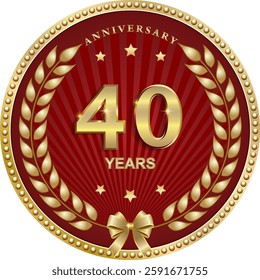 40 years anniversary vector golden design on red  background for celebration, congratulation and greeting card, logo, icon