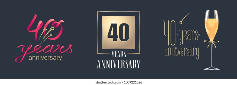 40 years anniversary vector icon,  logo set. Festive design element with  golden numbers and champagne for 40th anniversary celebration 