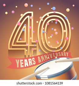 40 years anniversary vector icon,  logo. Design element with golden number and drums on background for 40th anniversary 