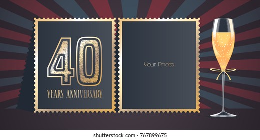 40 years anniversary vector icon, logo. Template design, greeting card with collage of photo frames, number for 40th anniversary and champagne for background or banner