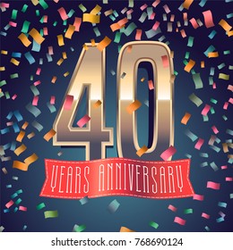 40 years anniversary vector icon, logo. Design element with golden number and festive background for decoration for 40th anniversary