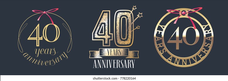 40 Years Anniversary Vector Icon,  Logo Set. Graphic Design Element With  Golden Numbers For 40th Anniversary Celebration 