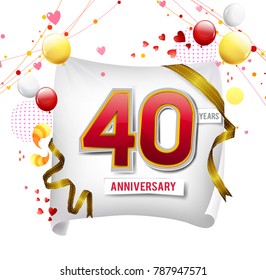 40 years anniversary vector illustration, banner, flyer, logo, icon, symbol. Graphic design element with flag, balloon, ribbon, confetty. Birthday greeting, event celebration