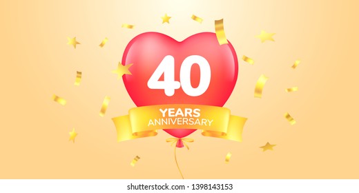 40 years anniversary vector logo, icon. Template banner, symbol with heart shape air hot balloon for 40th anniversary greeting card 