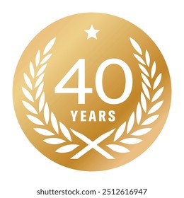 40 anos aniversário vetor logotipo, ícone. Elemento gráfico com medalha de cor dourada para cartão comemorativo de 40 anos