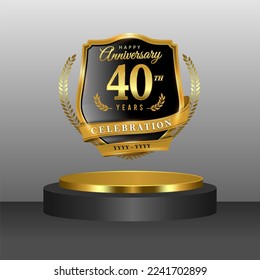 40 years gold anniversary celebration logo with 3d golden cylinder podium , isolated on grey background
