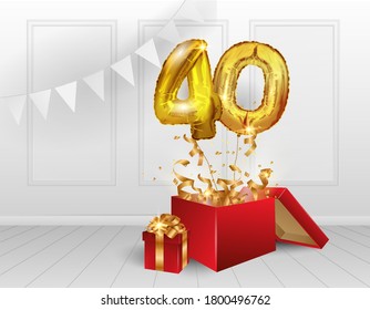 40 years of Golden balloons. The celebration of the anniversary. Balloons with sparkling confetti fly out of the box, number 40. Birthday or wedding decorations. Vector illustration