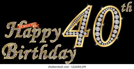 40 years happy birthday golden sign with diamonds, vector illustration svg