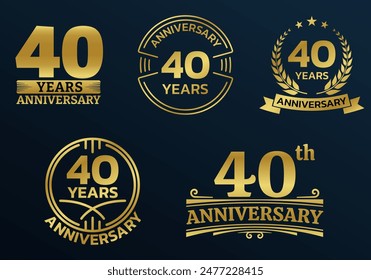 40 años icono o conjunto de logotipo. 40 aniversario celebrando el signo o sello de oro. Jubileo, elemento de diseño de celebración de cumpleaños. Ilustración vectorial.