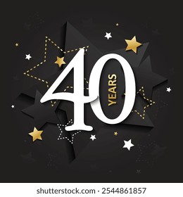 40 YEARS metallic gold and black vector typography card with stars