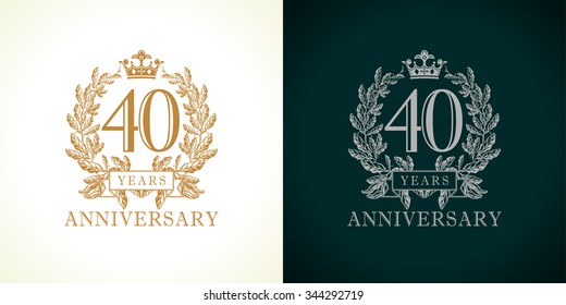 40 years old luxury logotype. Congratulating 40th numbers gold color framed in palms. Heraldic congrats concept. Celebrating tradition four and zero digits. Abstract isolated graphic design template.