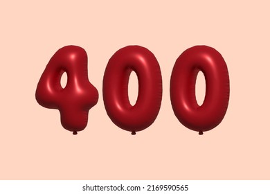 400 3d number balloon made of realistic metallic air balloon 3d rendering. 3D Red helium balloons for sale decoration Party Birthday, Celebrate anniversary, Wedding Holiday. Vector illustration