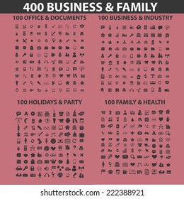 400 business, family, health, travel, media, web, internet black icons, signs, illustrations set, vector