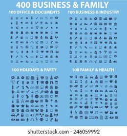 400 business, family, health, travel, industry, office, holidays, party, music, interface, application icons, signs, illustrations set, vector