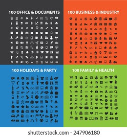 400 business, family, money, medicine, web, internet, online, health, travel, industry, office, holidays, party, music, interface, application icons, signs, illustrations set, vector